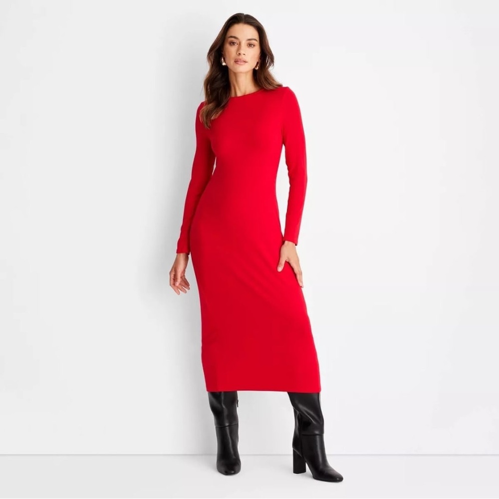 NEW a new day Red Long Sleeve‎ Ribbed Dress